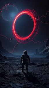 Astronaut Before Glowing Red Cosmic Ring