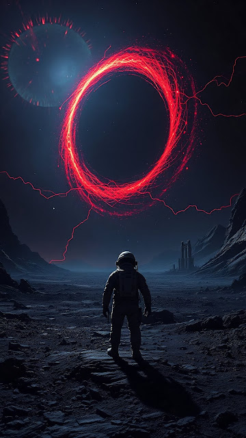 Astronaut Before Glowing Red Cosmic Ring - Free mobile Wallpaper