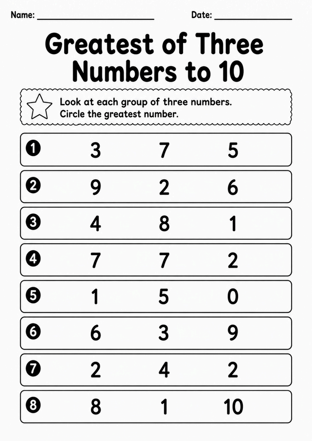 Greatest of Three Numbers to 10 Worksheet