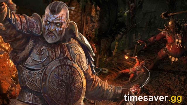 Path of Exile 2 character art — a heavily-armoured Exile class fighting monsters