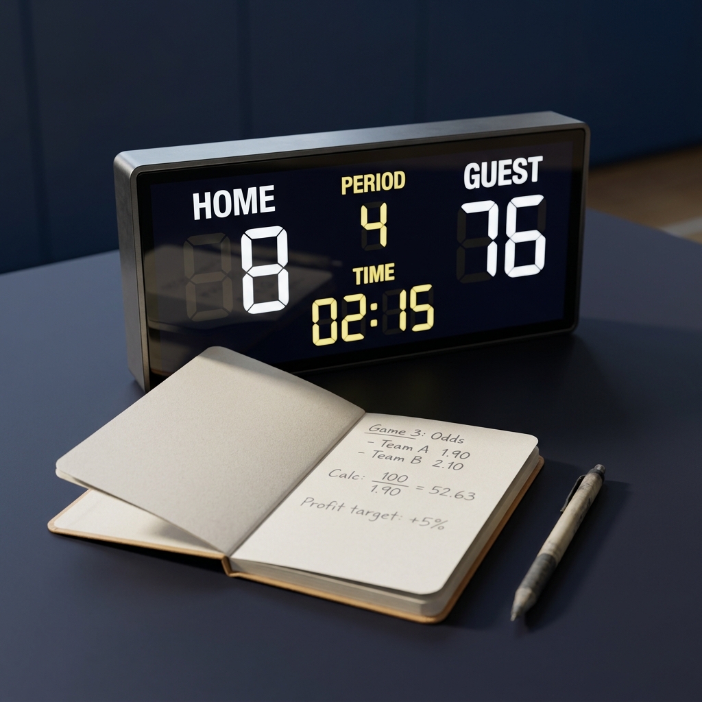 Close up minimalist scoreboard and notebook with handwritten odds and calculations for six nations betting on a dark Funded Plays branded tabletop