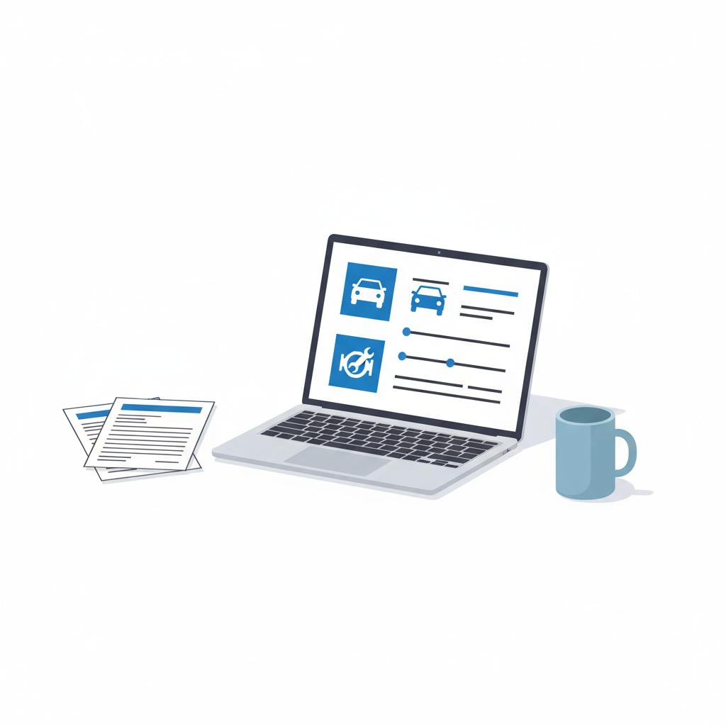 Minimalist 2D vector of laptop displaying vehicle history graphics and printed service invoices on white table conveying ford explorer for sale near me