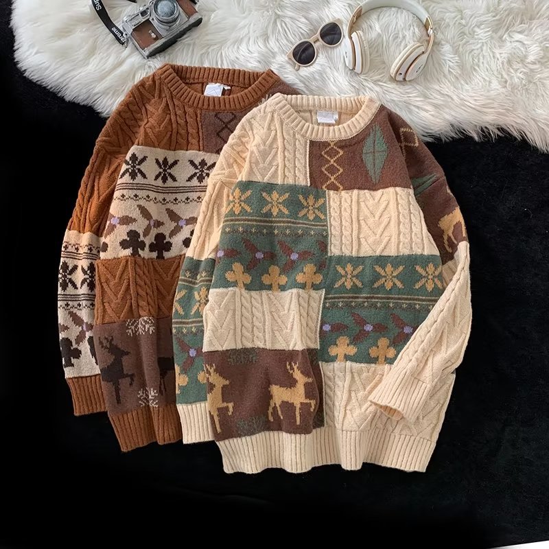 Retro Knit Sweater with Contrast Pattern