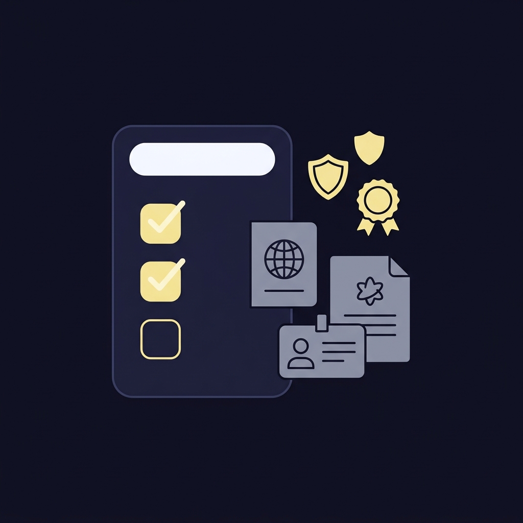 Minimalist 2D vector checklist with abstract documents and regulator shield icons representing KYC and state verification in Funded Plays color palette featuring fanduel betting states focus no text