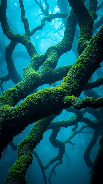 Mystical Moss Covered Trees Deep Blue Fog Forest - Free mobile Wallpaper