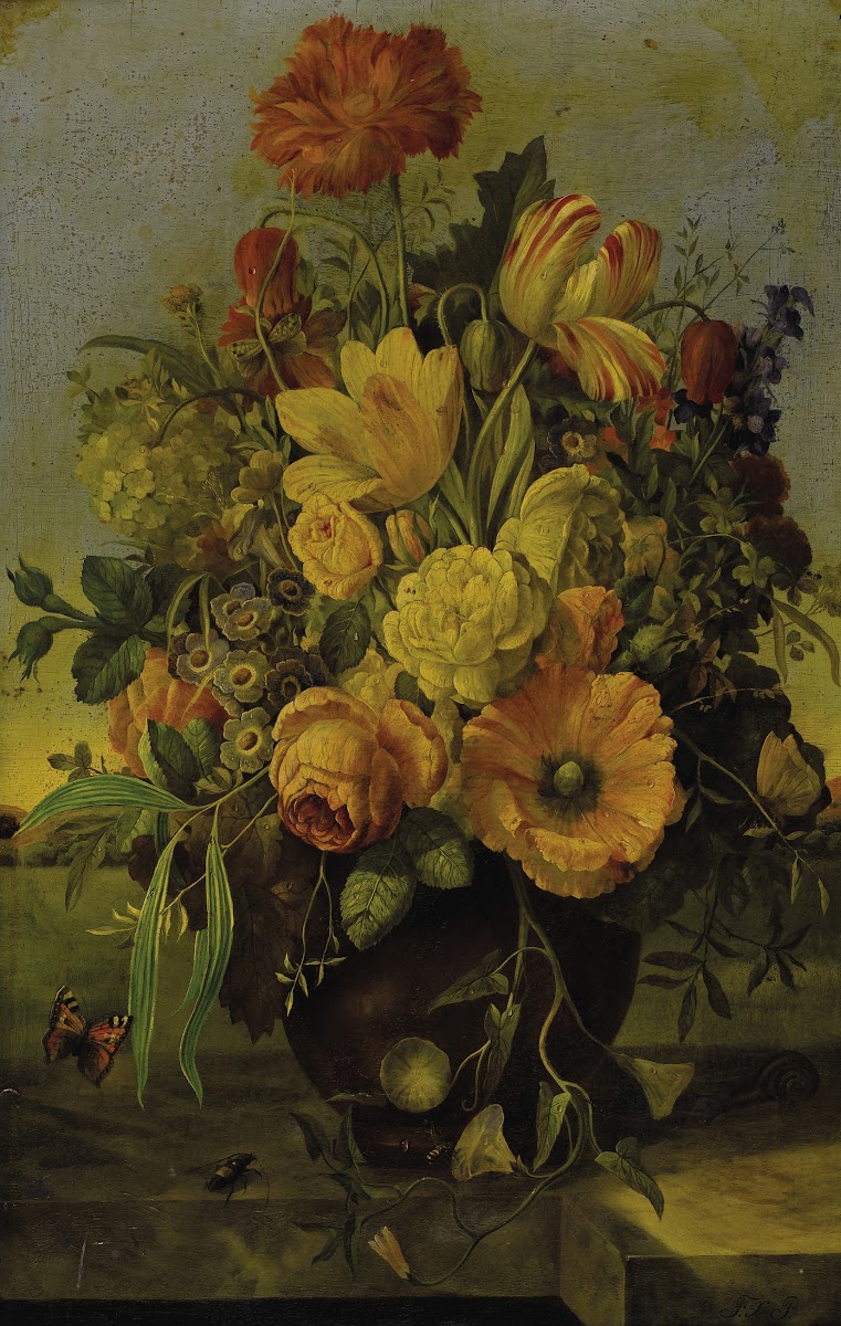 Elaborate Floral Bouquet on a Marble Ledge with a Landscape Beyond 1860