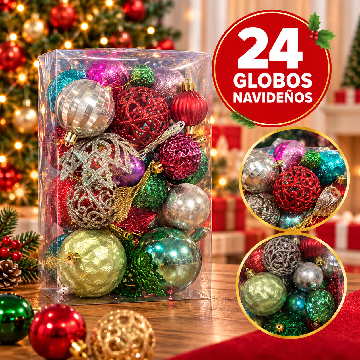 Caja de bolas navideñas surtidas rojas, verdes y doradas