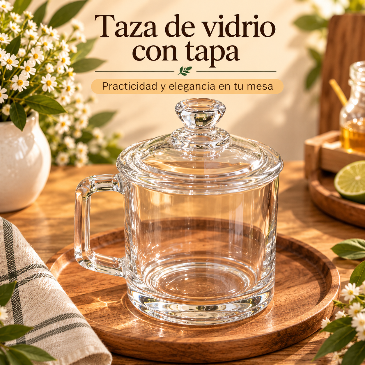 Taza de té de vidrio con tapa