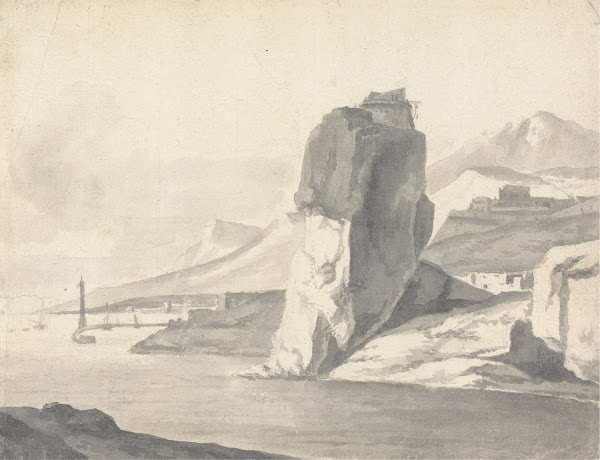 A Coastal Scene Italian with Breakwater High Cliffs and a Fort