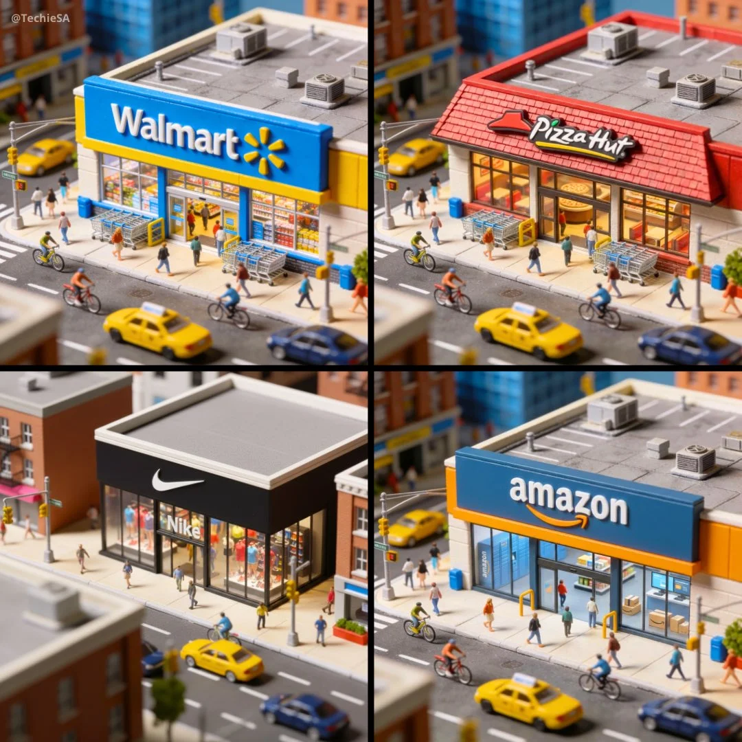 Vista aérea dinámica de una bulliciosa calle de la ciudad con una tienda [MARCA] en miniatura.