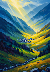 Vibrant Impressionist Mountain Valley Landscape