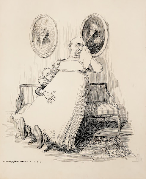 Dave Hill dressed as a woman weeps and sits on the lap of a man 1904