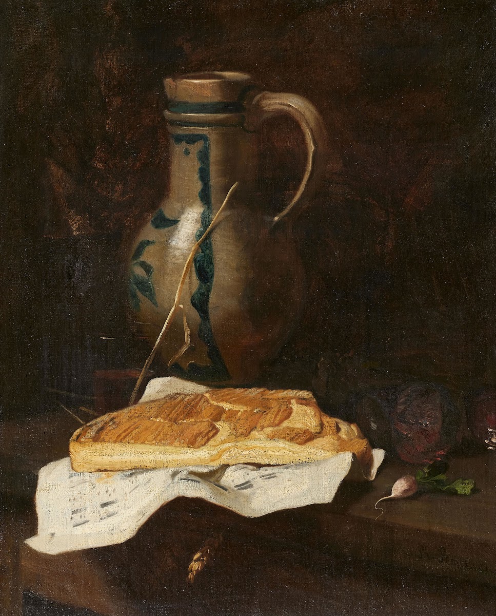 Stillleben mit Steinkrug und Camembert