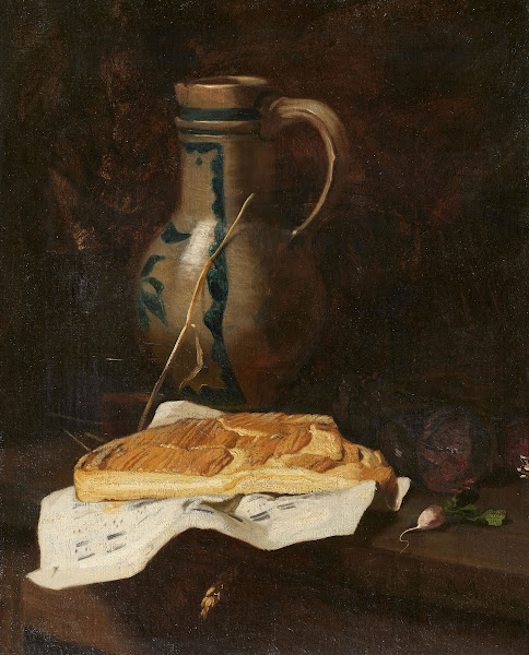 Stillleben mit Steinkrug und Camembert