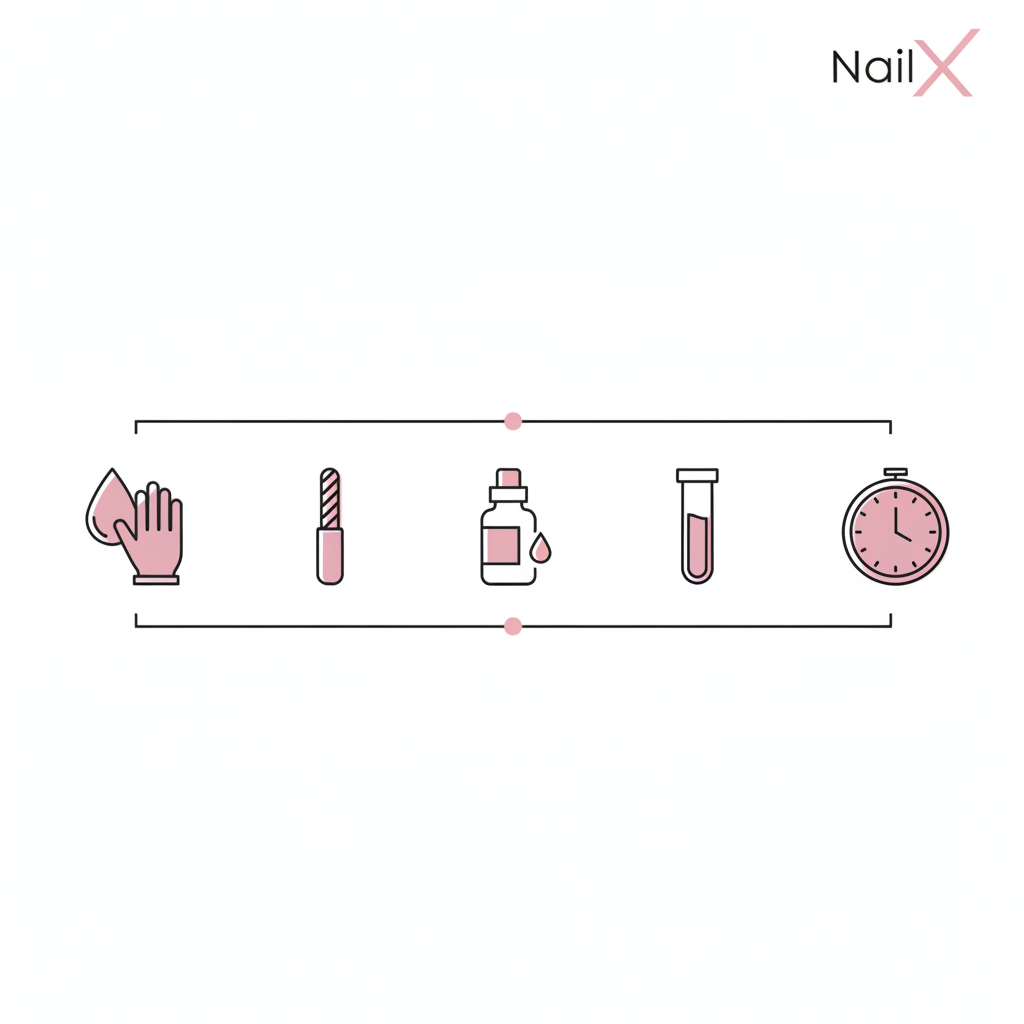 Minimalistische 2D-Vektor-Infografik zu Spaltnägel Ursachen mit fünf Icons (Wasser+Handschuh, Feile, Nagelöl, Laborröhrchen, Uhr) in #f57fb6 und #010101 auf weißem Hintergrund.