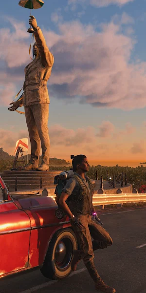 Far Cry 6, Sunset, Classic Car, Statue 4K Wallpaper Background
