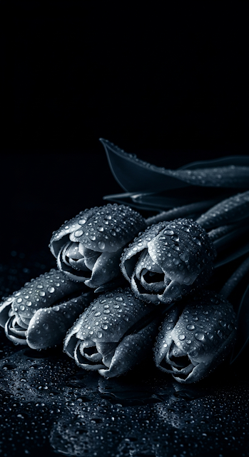 Moody Close-up of Desaturated Grey Tulips with Water Droplets - Free mobile Wallpaper