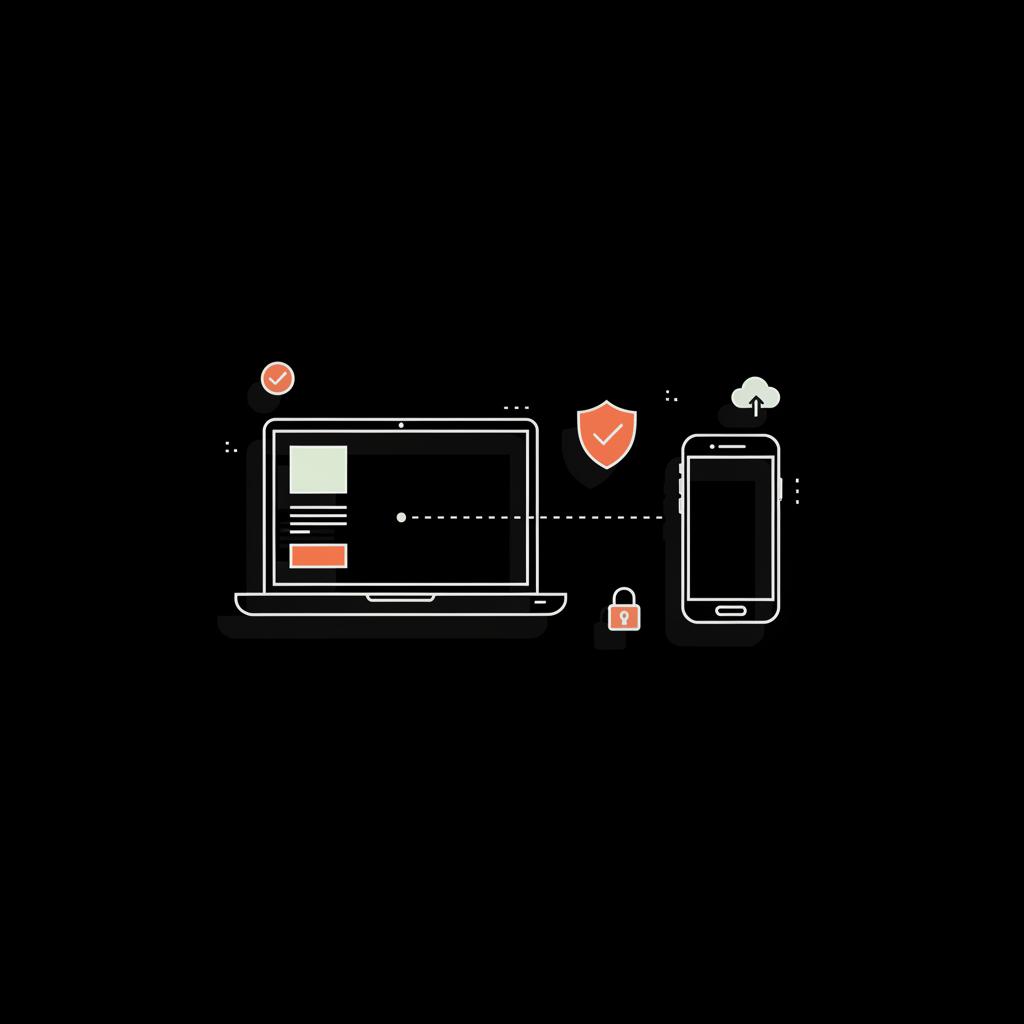 Minimal vector illustration of a laptop and smartphone with verification checkmarks and a connector line on black background to illustrate how to recover Google account