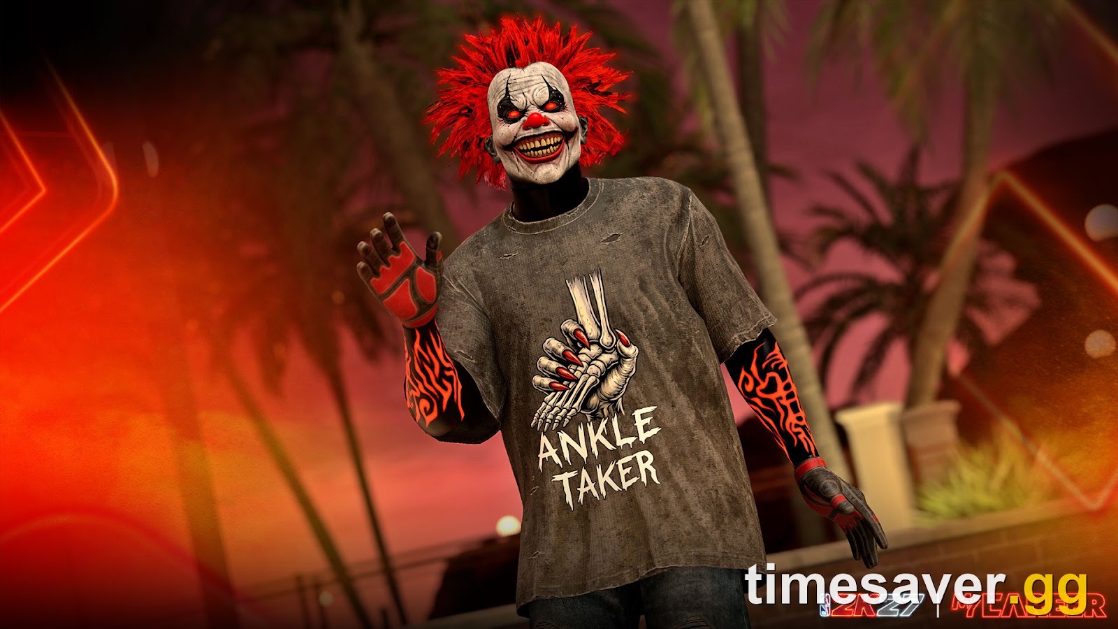 NBA 2K27 Season 2 MyPLAYER wearing the Clown Costume: Ankle Taker apparel reward