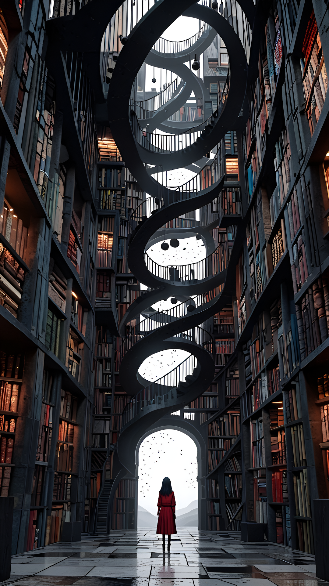 Woman in Red Dress Standing in Infinite Spiral Library - Free 4K mobile Wallpaper