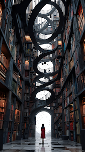 Woman in Red Dress Standing in Infinite Spiral Library