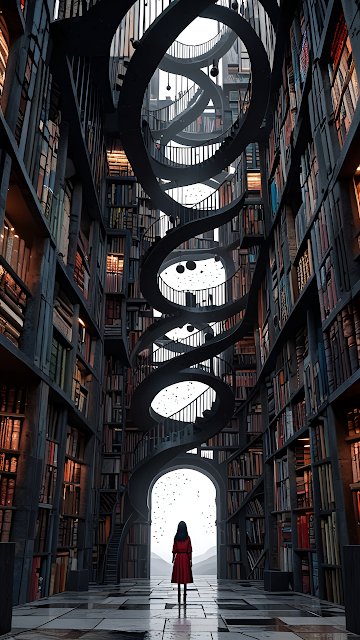 Woman in Red Dress Standing in Infinite Spiral Library - Free mobile Wallpaper