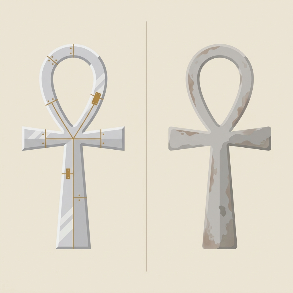 Side by side vector comparison of a pure silver ankh showing soldered repair lines on the left and original wear and patina on the right on a light beige background