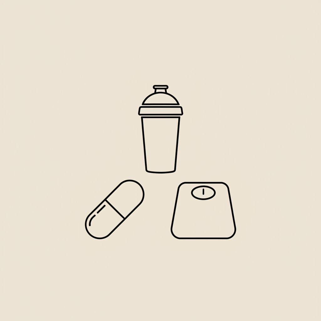 Minimal Tonum-style vector illustration of a shake bottle, capsule, and weighing scale on beige background to illustrate drink shakes to lose weight.