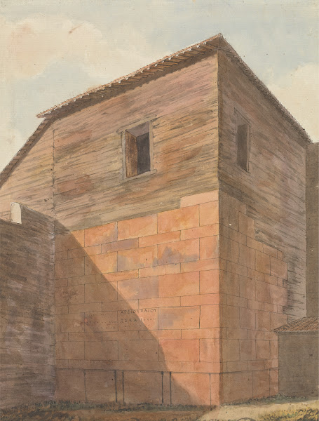 Corner of Stone and Wood Building with Inscription on Wall ca 1785