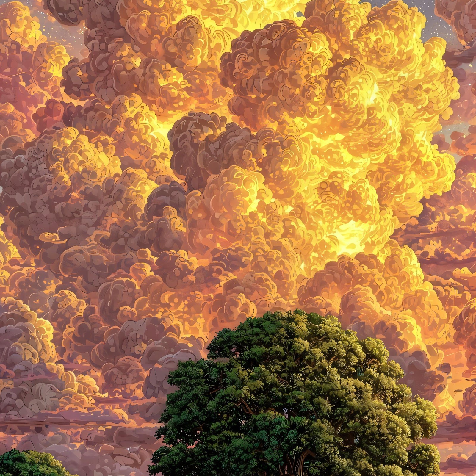 Download Lone Tree Under Golden Clouds 4K iPhone