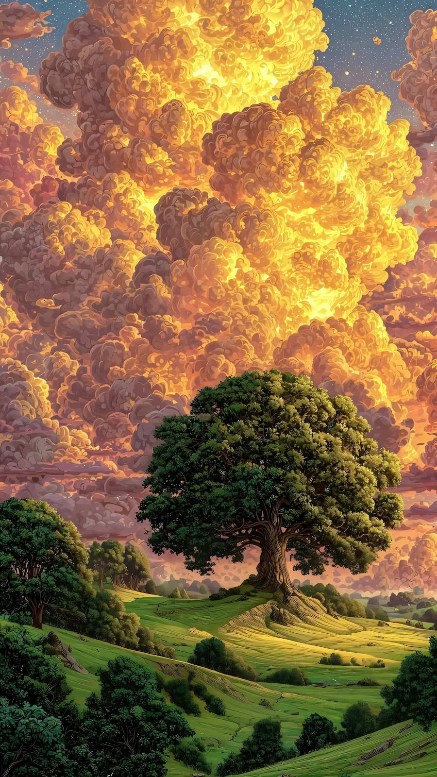 Lone Tree Under Golden Clouds - Hyperdetailed Digital Art 4K iPhone Wallpaper (2305x4096)