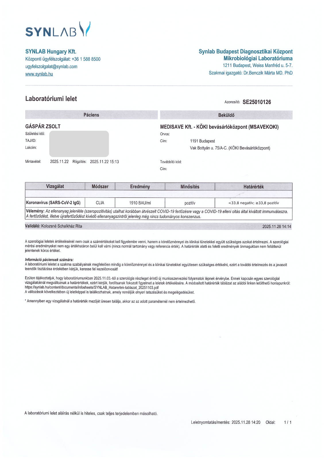 Synlab laborlelet — 2025. november, 1910 BAU/ml