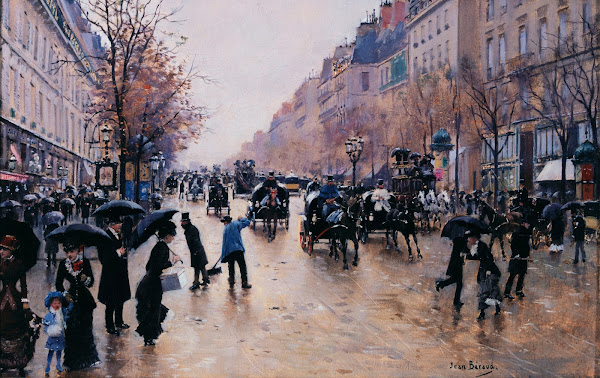 Le boulevard Poissonière sous la pluie 1880