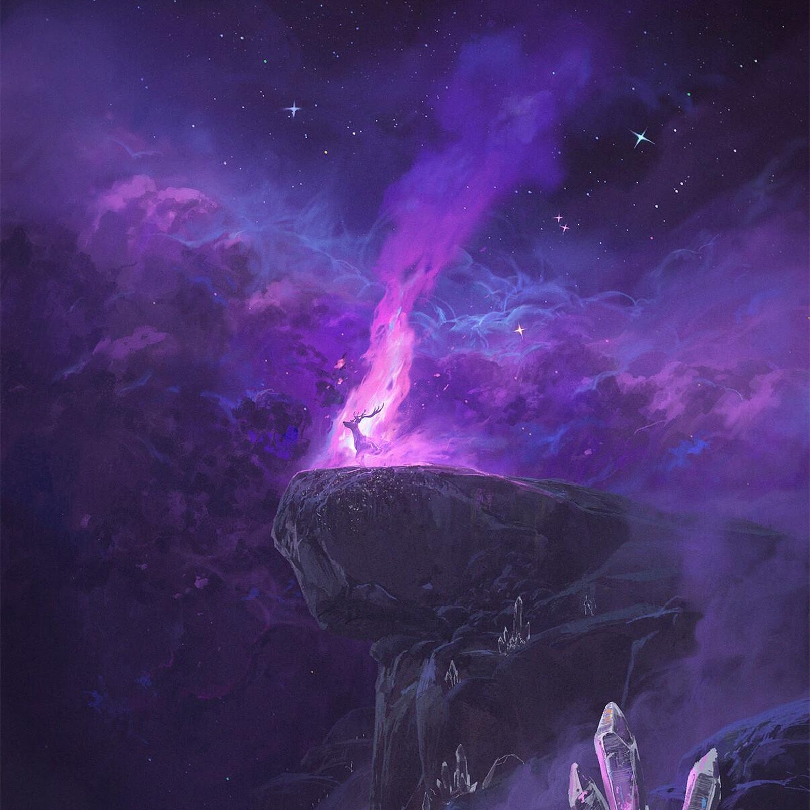 Download Fantasy Landscape, Purple Nebula, Crystal Formation, Glowing Scene Full HD iPhone