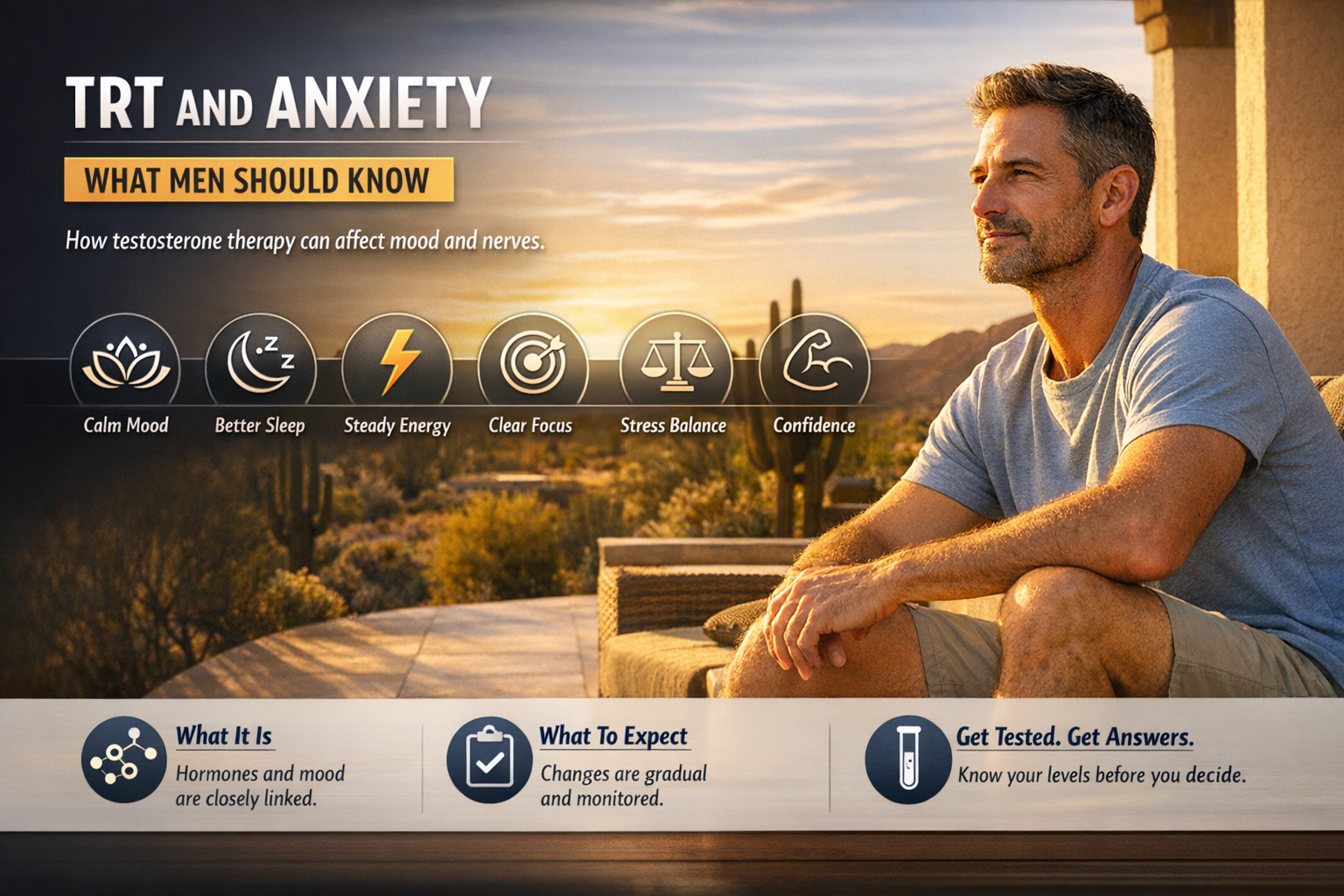 Does TRT Cause Anxiety? What Arizona Men Should Know — AZTRT Arizona TRT clinic blog cover showing a relaxed man on a sunlit patio with mood and calm icons