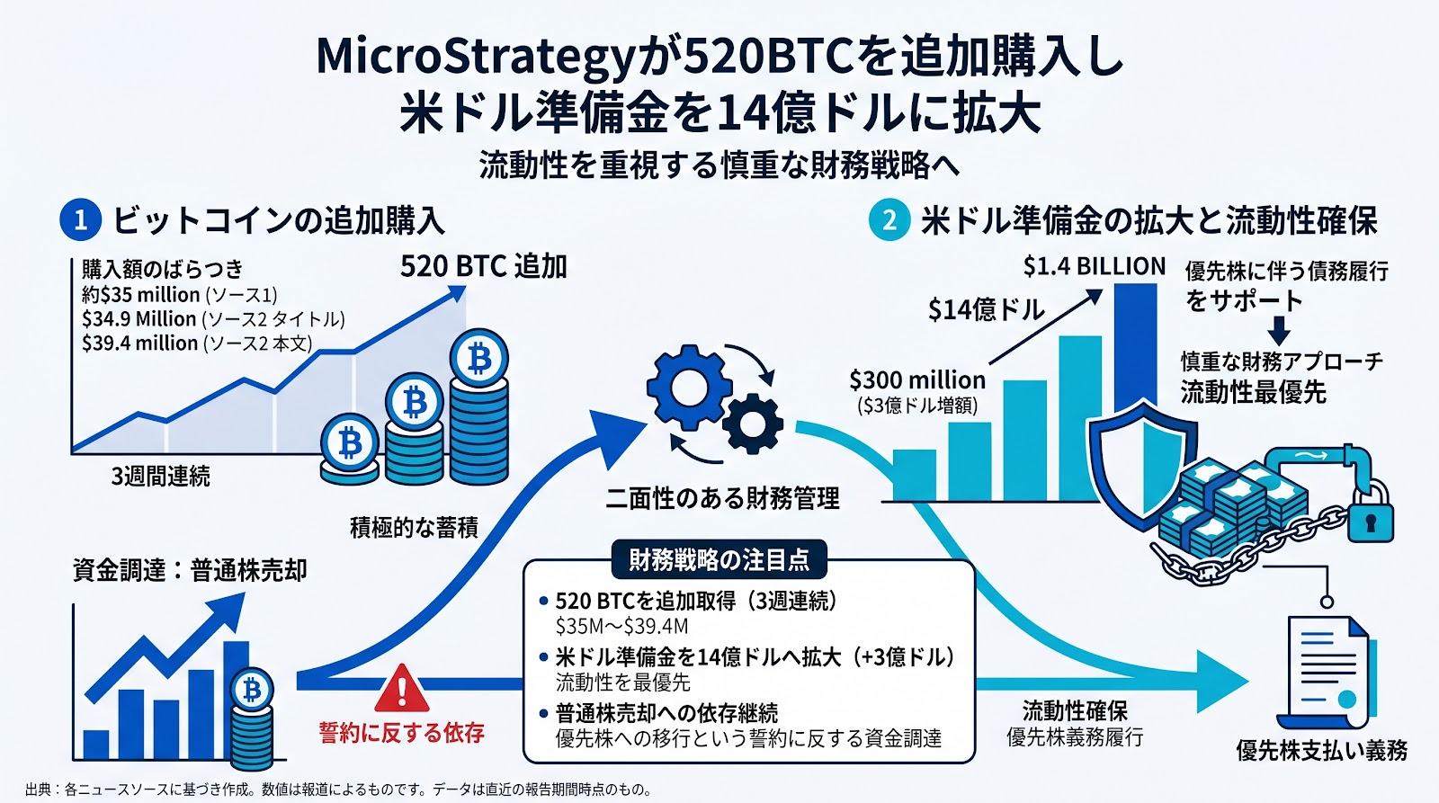 MicroStrategyが520BTCを追加購入し米ドル準備金を14億ドルに拡大 流動性を重視する慎重な財務戦略へ