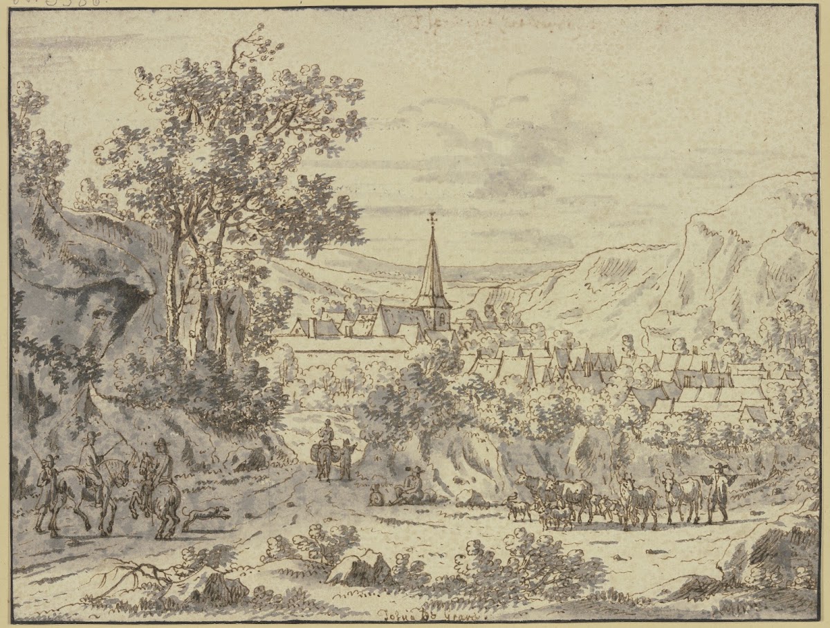 Landschaft mit Dorf im Vordergrund Reiter und eine Viehherde mit Hirte