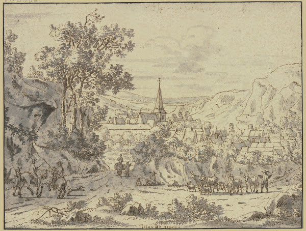 Landschaft mit Dorf im Vordergrund Reiter und eine Viehherde mit Hirte