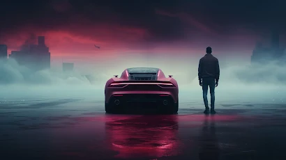 Ai Art, Cyberpunk, Sports Car, Mist, Men 5K Wallpaper Background