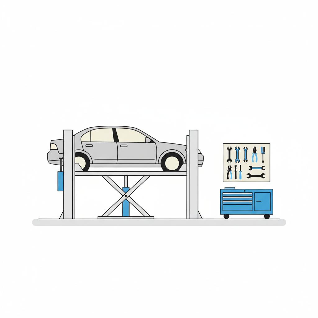 Minimalist 2D vector of a modern dealership service bay with a used car on a lift and neatly arranged tools in brand colors blue book value vs trade-in value