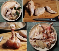 Rửa sạch, dùng kéo cắt theo khớp xương để chia một chiếc cánh ra làm 3 phần. Phần cánh giáp với thân: dùng mũi kéo cắt đứt gân kết nối ở khớp xương đầu nhỏ, dồn thịt gà về đầu kia của cánh.