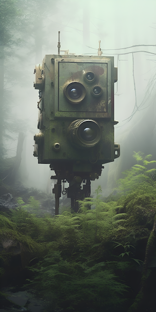 Abandoned Sci-Fi Surveillance Mech in Foggy Mossy Forest - Free mobile Wallpaper