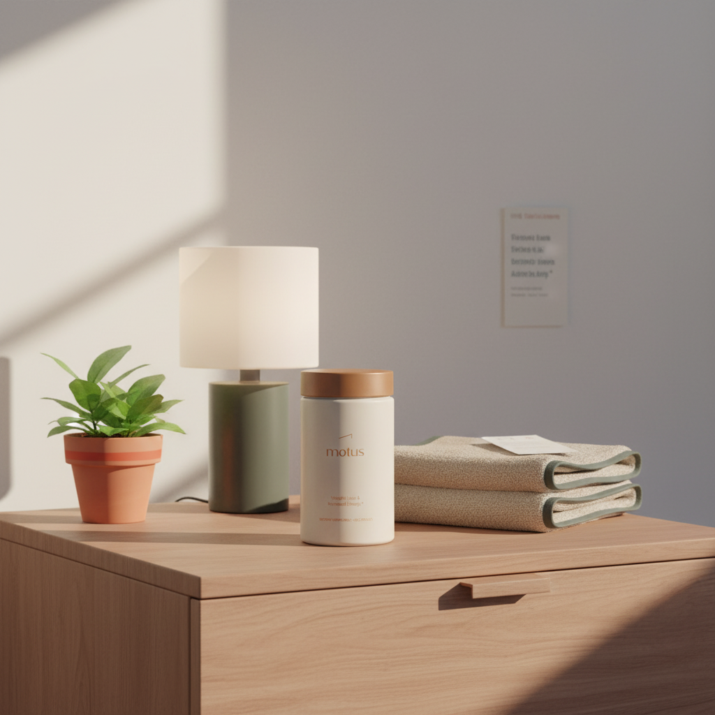 Tonum Motus supplement bottle on a bedside table with lamp, folded towel and plant in a minimalist scene suggesting weight loss and fast metabolism.