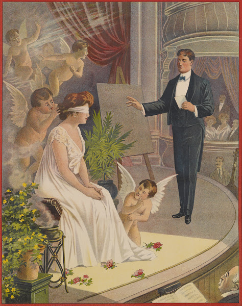 Magician with blindfolded woman and putti 1900