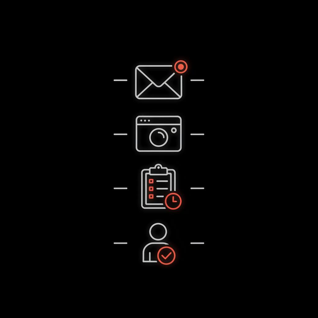 Minimal vector checklist on a black background showing inbox notification, screenshot, monitoring log and reviewer check icons — did someone delete my Google review