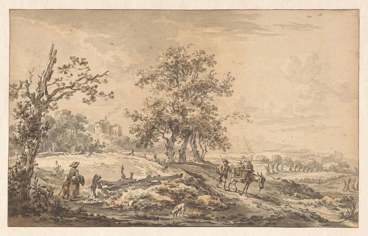 Vrouw met kind en man met ezel in landschap 1755   1818