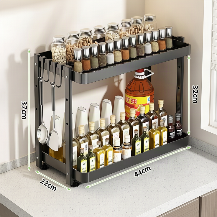 Kitchen spice rack made of stainless steel, extendable, two-tier