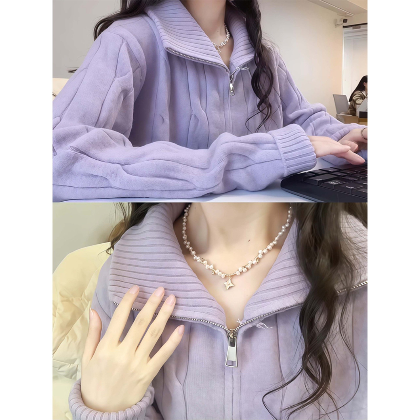 Women's knit sweater with zipper and stand-up collar