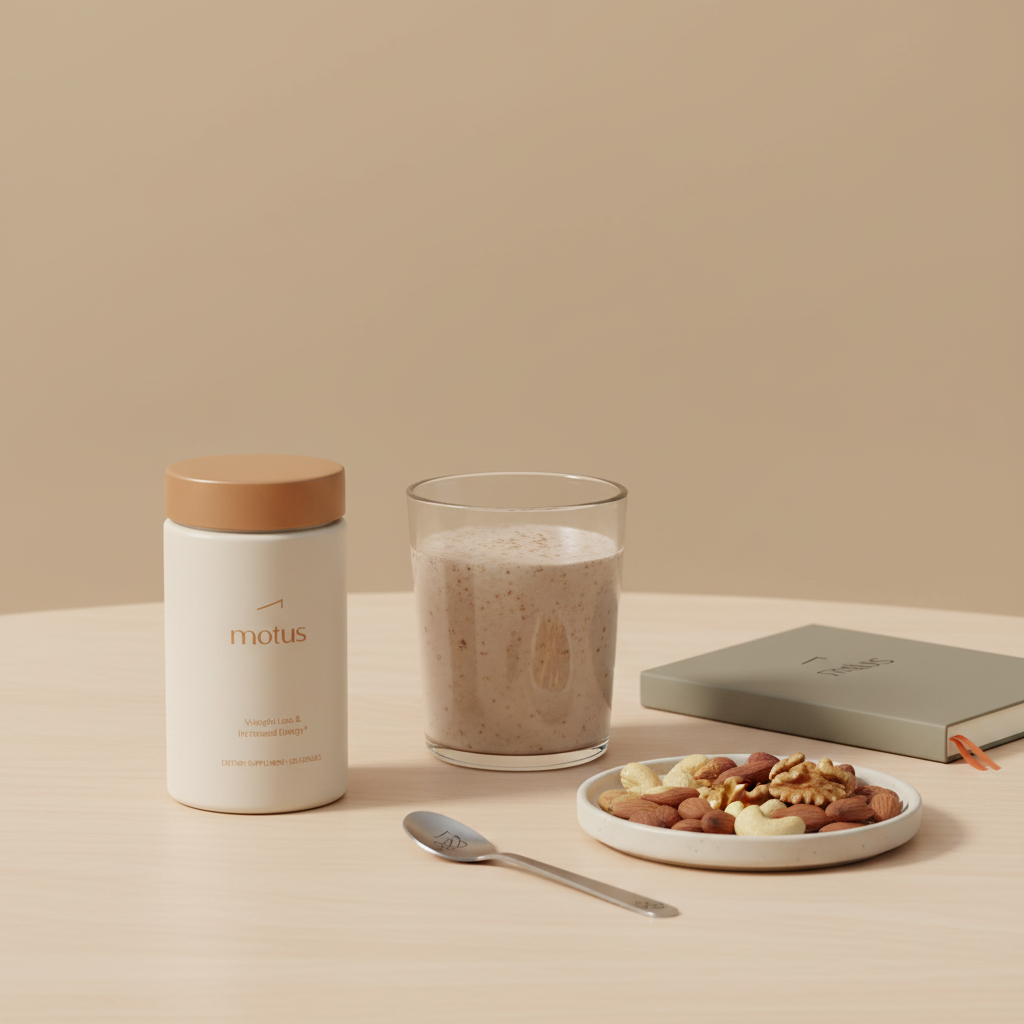 Motus meal replacement powder jar on a wooden table with a clear glass shake, plate of nuts and closed notebook against beige background #F2E5D5, minimalist Tonum wellness scene.