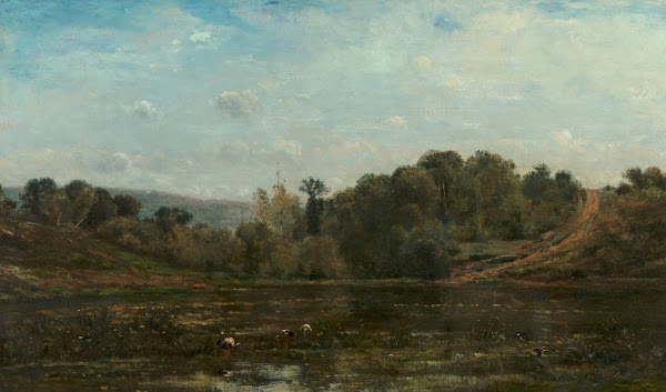 Cranes watering at the edge of a pond 1873